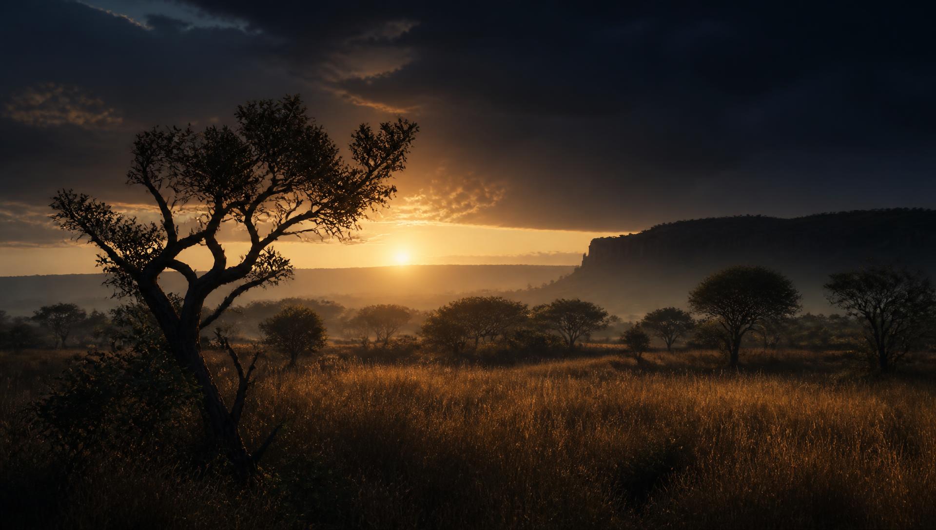 Cerrado savanna at dusk with twisted trees and a distant escarpment